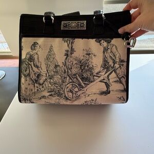 Brighton “Martine” Croc Embossed Black Leather Tote with Toile Trim